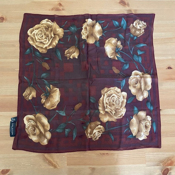 Halston Lifestyle Accessories - VTG Halston Lifestyle Burgundy Gold Rose Floral Silk Square Scarf